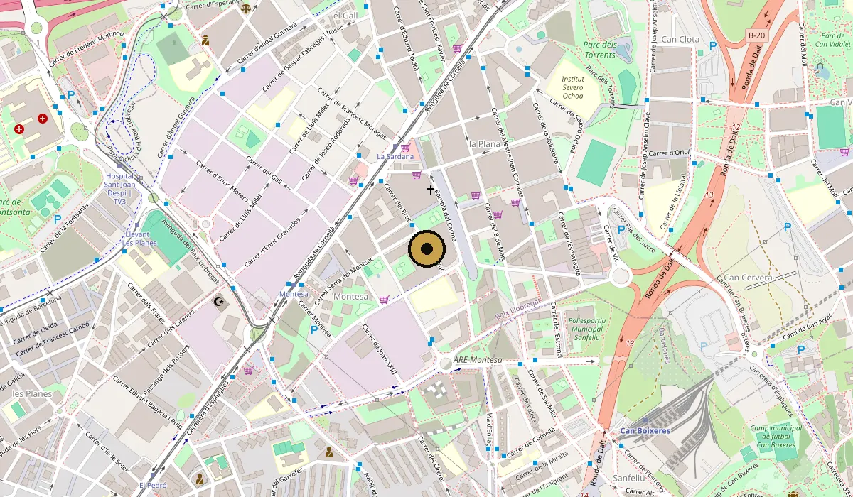 Mapa de Esplugues de Llobregat con la ubicación de Odyssey Jiu-Jitsu Esplugues en Carrer del Bruc 44, barrio de Montesa